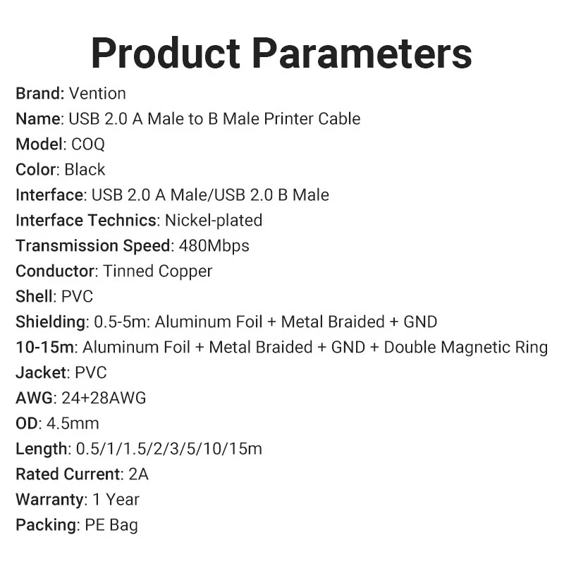 Vention - Kabel USB 2.0 A Male to B Male 1.5M - 5M - 10M PVC Type COQBG COQBJ COQBL / Kabel Data